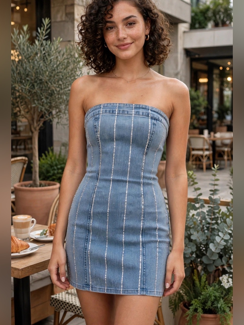 Strapless Blue Denim Bling Mini Dress